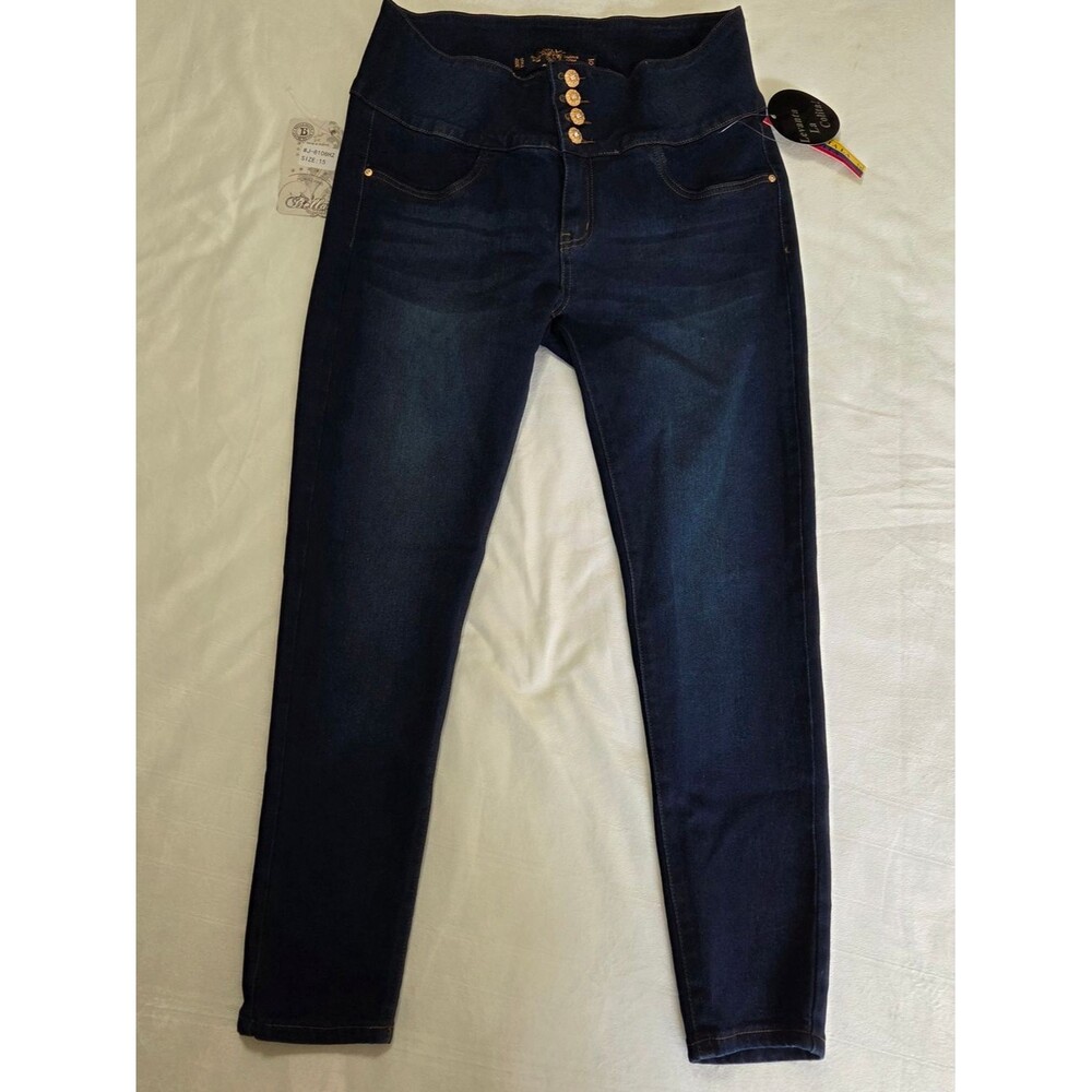 High-Rise Dark Blue Stretch Jeggings with Button-Fly Detail